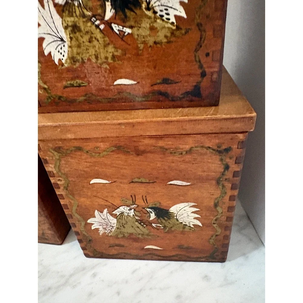 VTG Wood Fighting Rooster 4 pc Kitchen Canister Set Hand Painted Farmhouse Decor